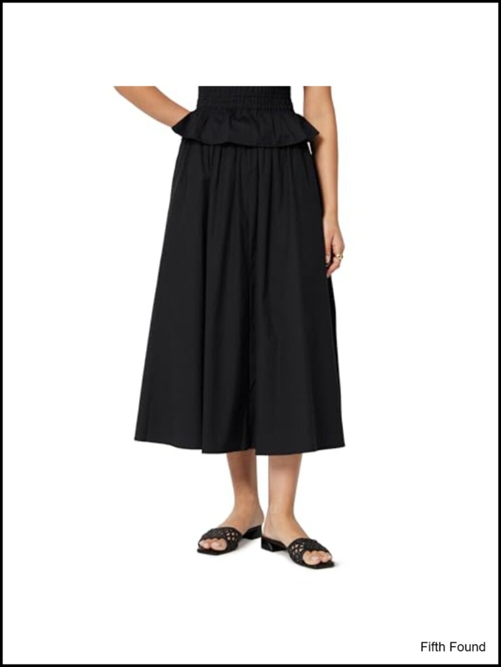 Mid-Rise A-Line Stretch Cotton Poplin Midi Skirt Elastic Waist